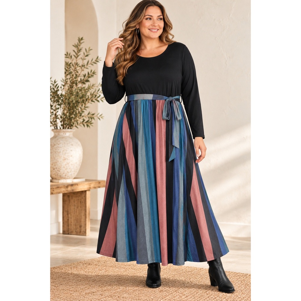 BloomChic 22-24 NWT Colorblock Striped Maxi Dress Black Long Sleeve Tie Waist
